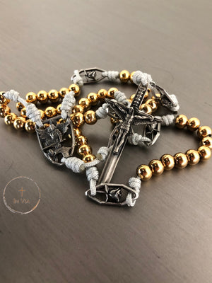 In Via St. Michael Guardian Octo Metallum Rosary -Solid White Bronze & Gold Stainless Steel