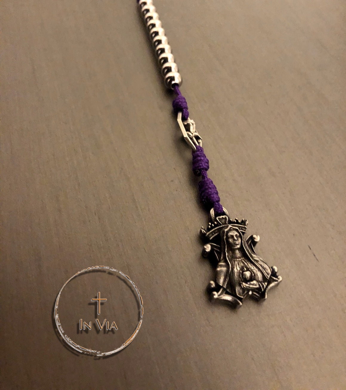 In Via Our Blessed Mother Prayer Cord- Stainless Steel & Purple
