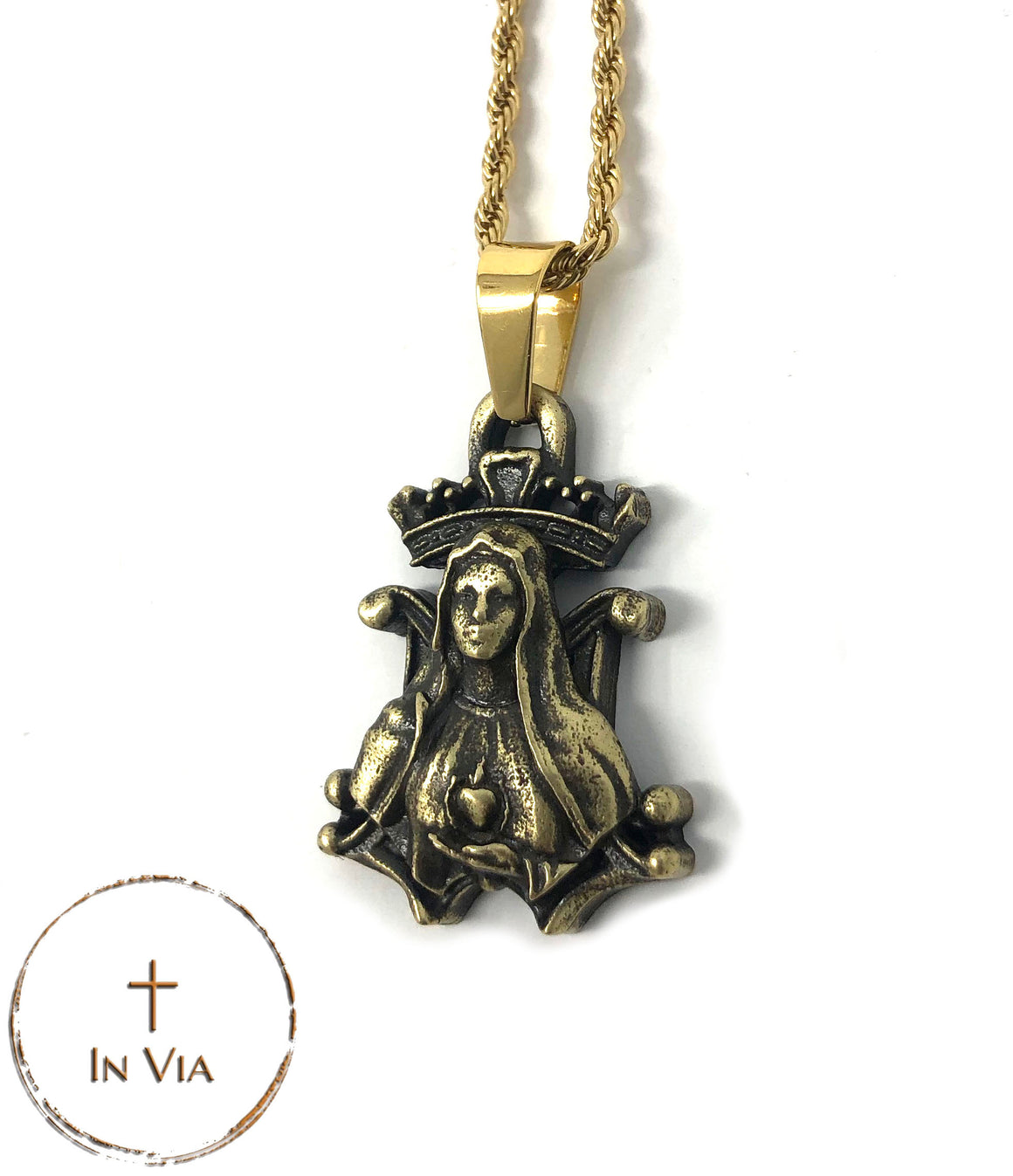 In Via's Our Blessed Mother Pendant- Solid Brass