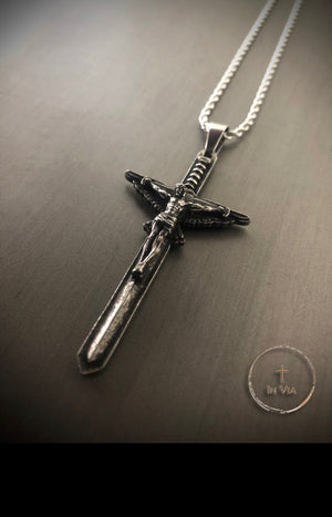 In Via Sword of the Spirit Crucifix- Distressed Metal