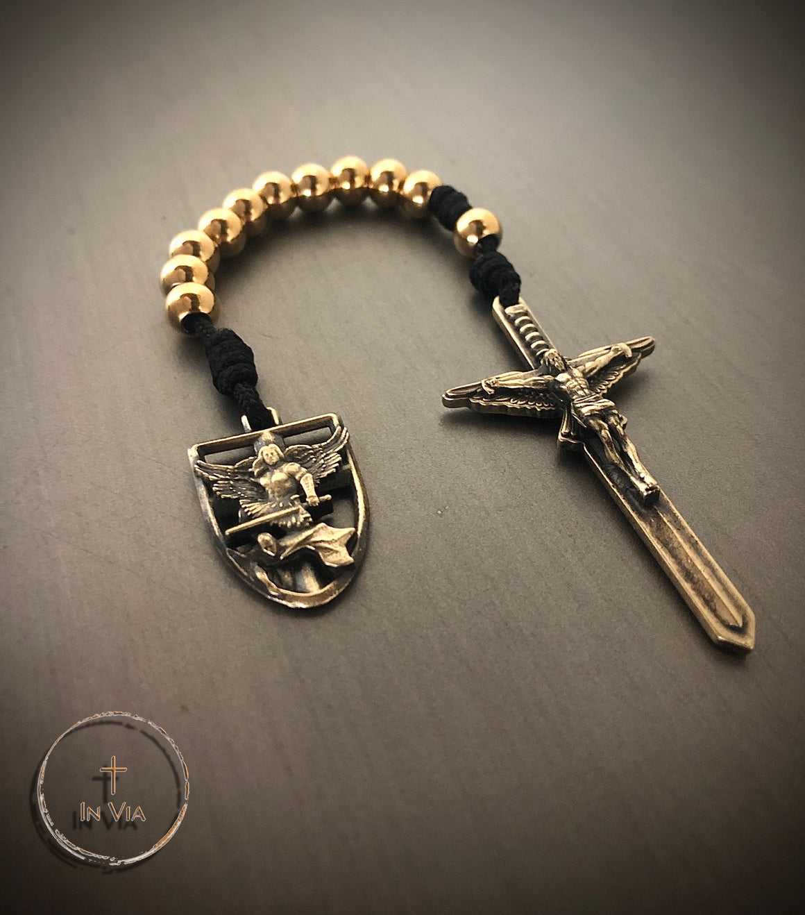 In Via St. Michael Defender Prayer Cord -Solid Bronze with Gold