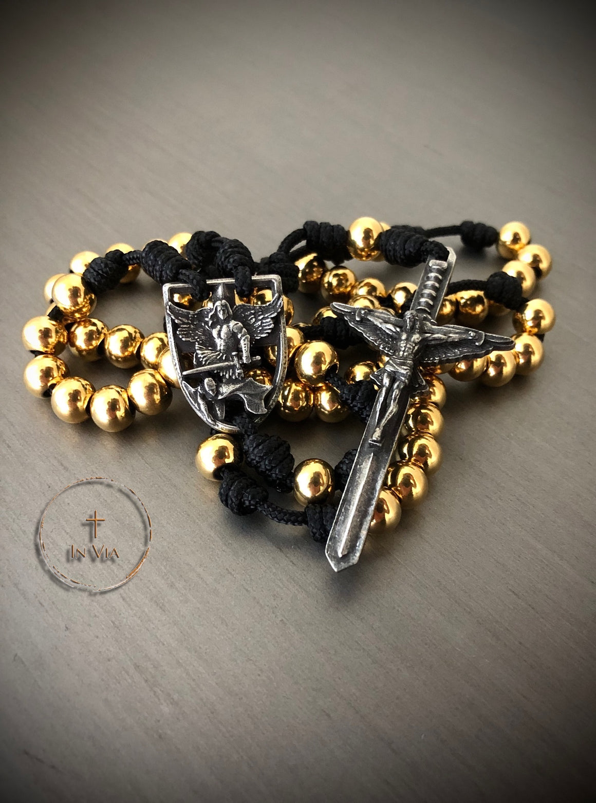In Via St. Michael Defender Rosary -Gold Stainless Steel