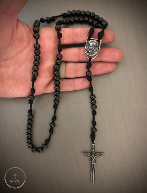 In Via St. Padre Pio Defender Rosary -Black Stainless Steel