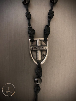 In Via St. Padre Pio Defender Rosary -Black Stainless Steel