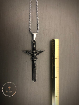 In Via Sword of the Spirit Crucifix- Distressed Metal