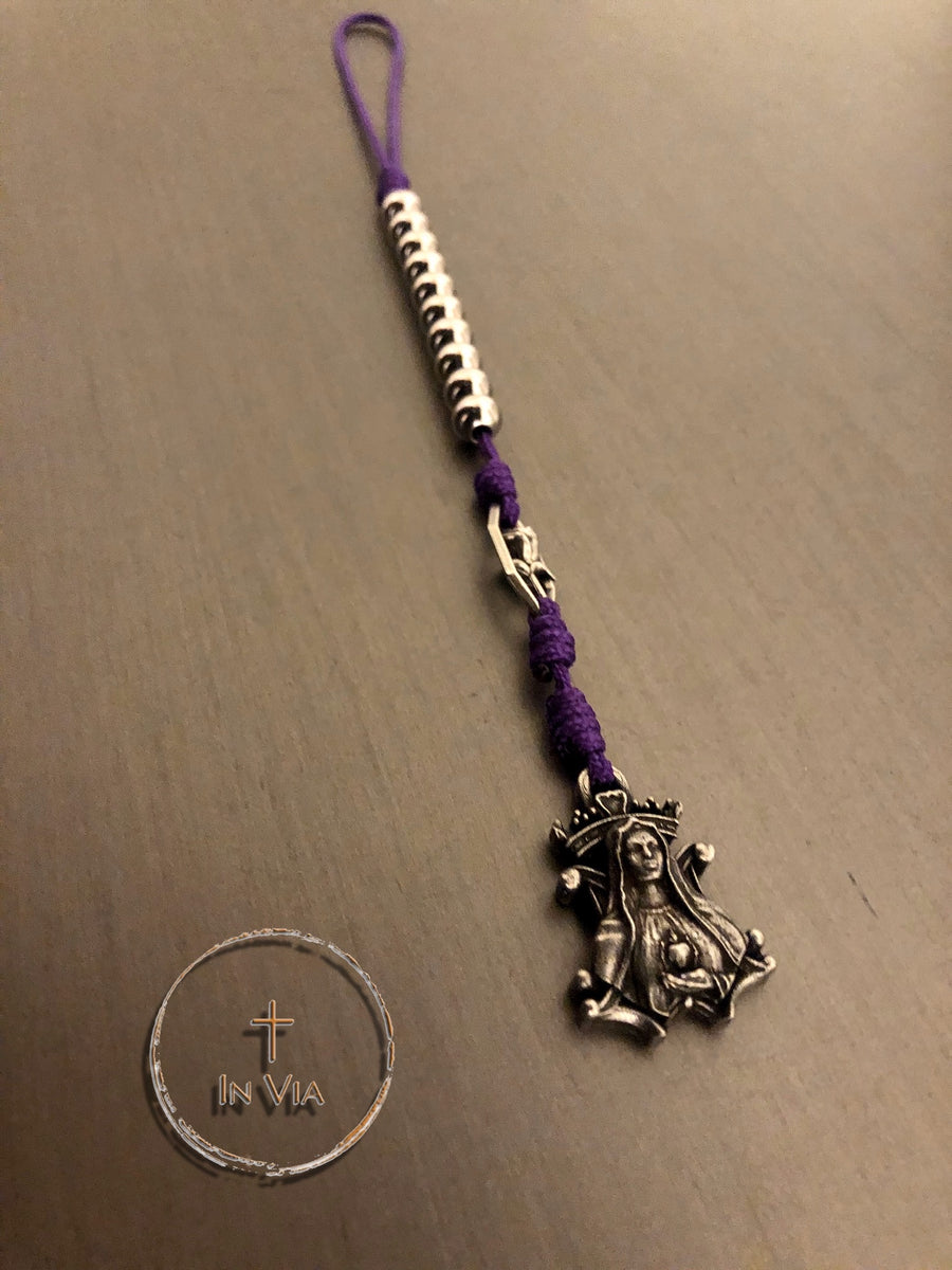 In Via Our Blessed Mother Prayer Cord- Stainless Steel & Purple