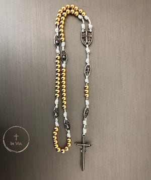 In Via St. Michael Guardian Octo Metallum Rosary -Solid White Bronze & Gold Stainless Steel